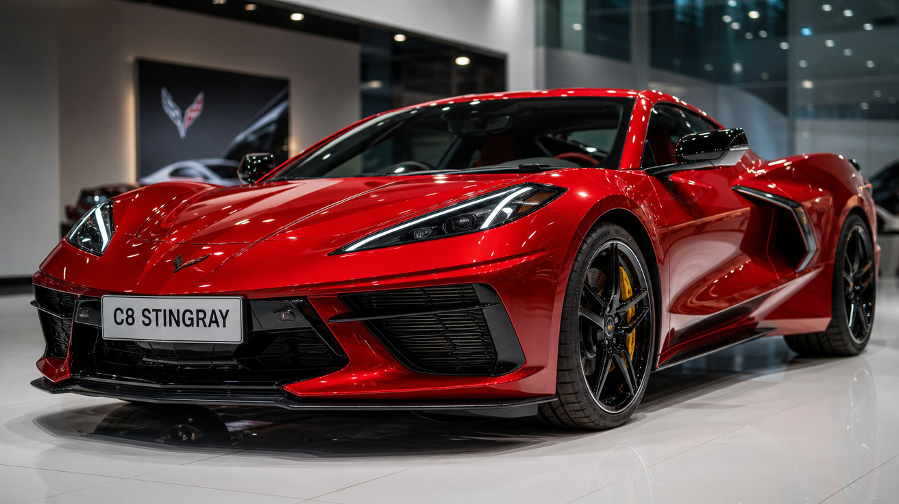 Carro esportivo vermelho Chevrolet Corvette C8 Stingray em showroom com piso branco e iluminação interna.