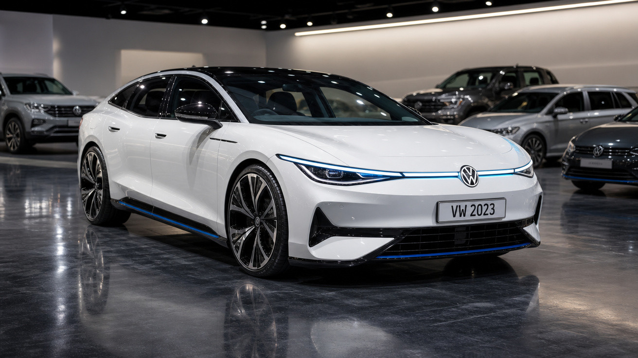 Carro elétrico branco Volkswagen 2023 em exposição em piso brilhante dentro de showroom moderno.