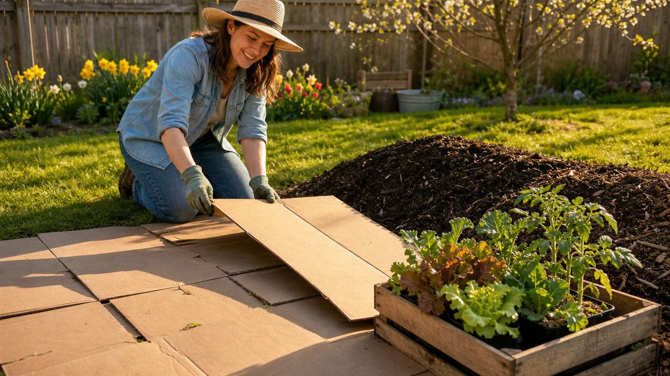 Mulher com chapéu plantando em jardim, usando placas de papelão no chão ensolarado.