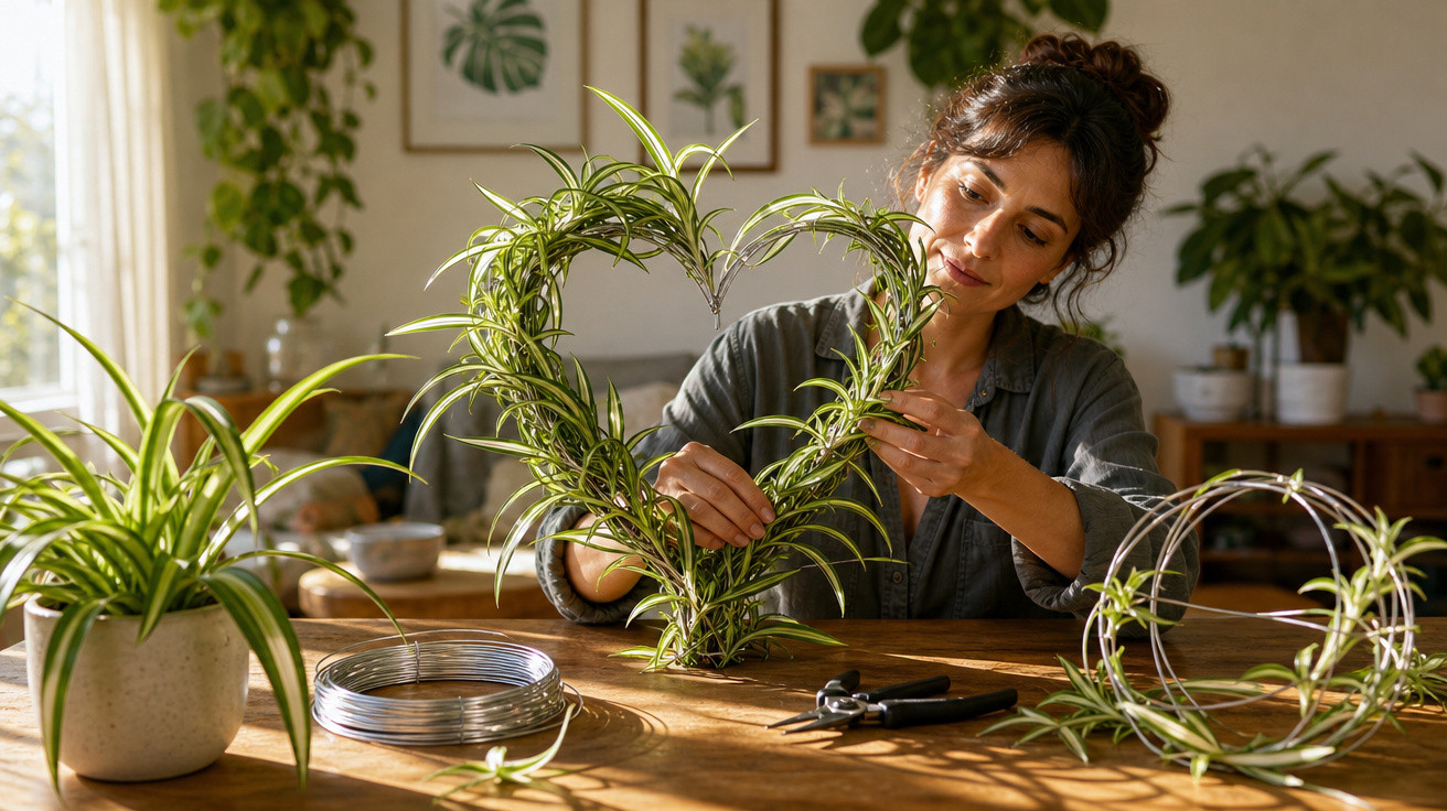Mulher arruma planta formando coração em ambiente iluminado com várias plantas ao redor.