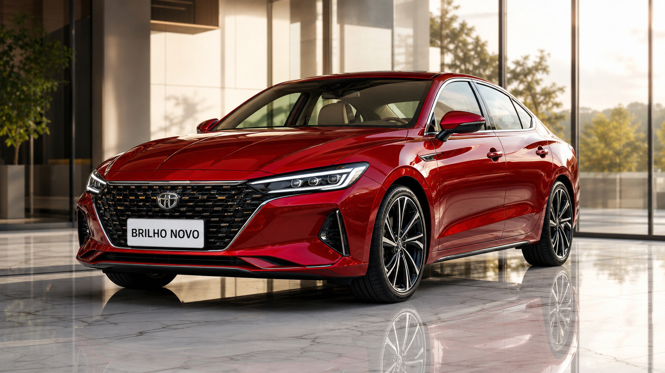 Carro sedan vermelho brilhante com design moderno em ambiente interno sofisticado e iluminado.