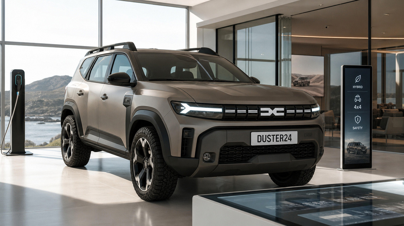 SUV Duster cinza estacionado em showroom moderno, com estação de carregamento elétrica ao lado.
