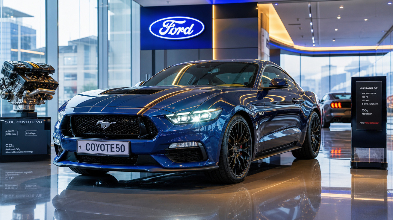 Carro esportivo Ford Mustang GT azul escuro em showroom com motor exposto ao lado.