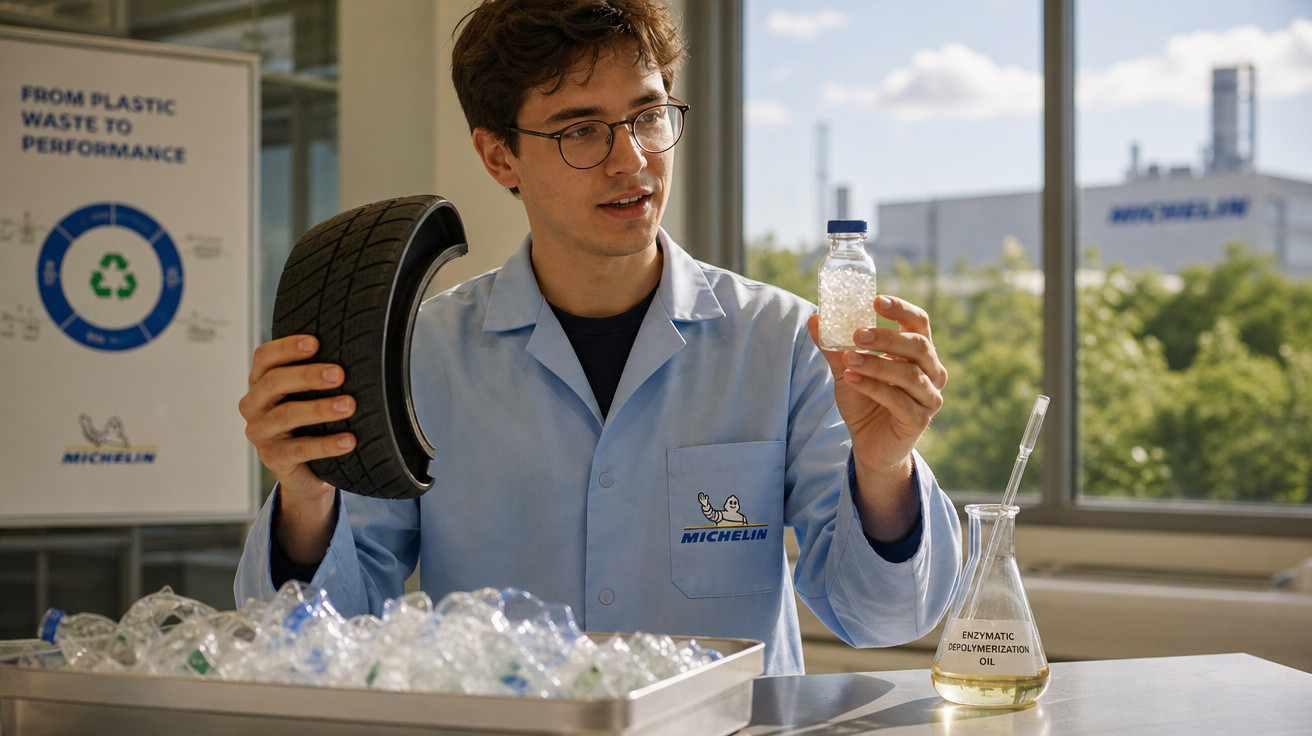 Homem com jaleco azul segura pneu cortado e frasco com plástico reciclado em laboratório da Michelin.