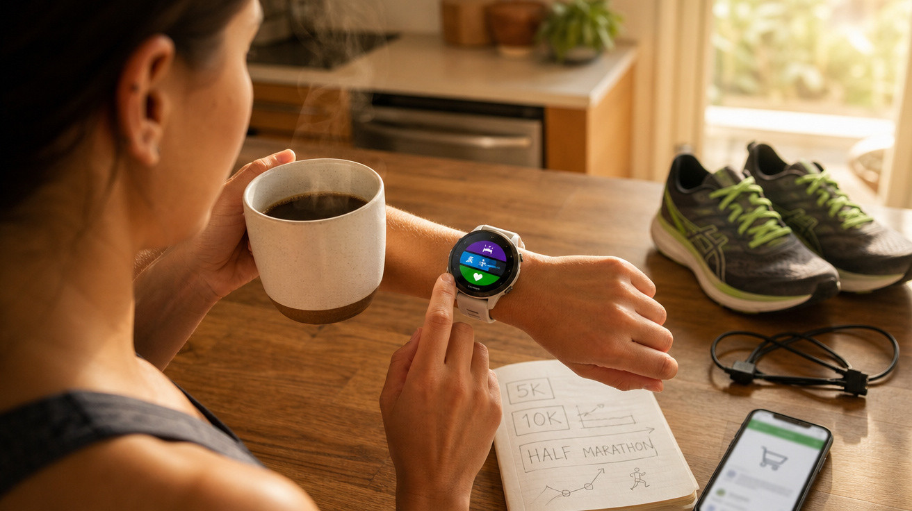 Mulher segurando café e verificando smartwatch com tênis, fones e anotações de corrida na mesa.