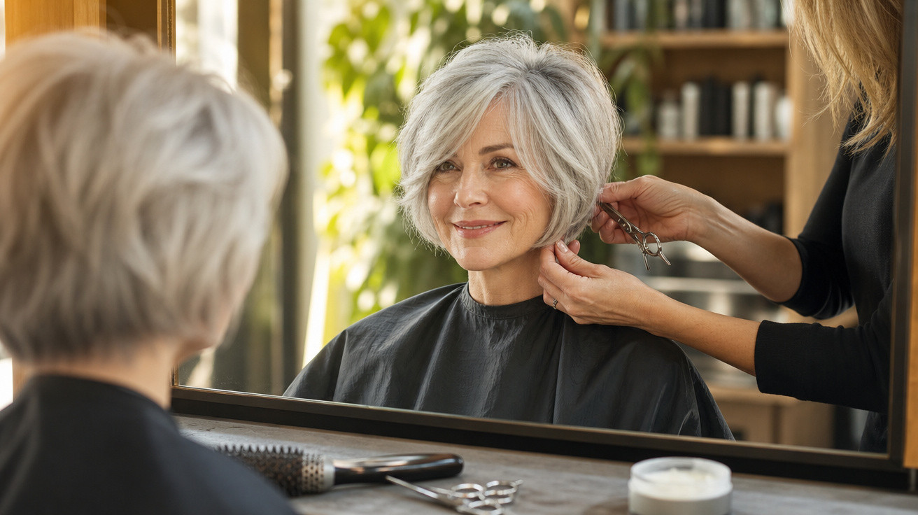 Mulher madura com cabelo grisalho curto sorrindo durante corte de cabelo num salão moderno.