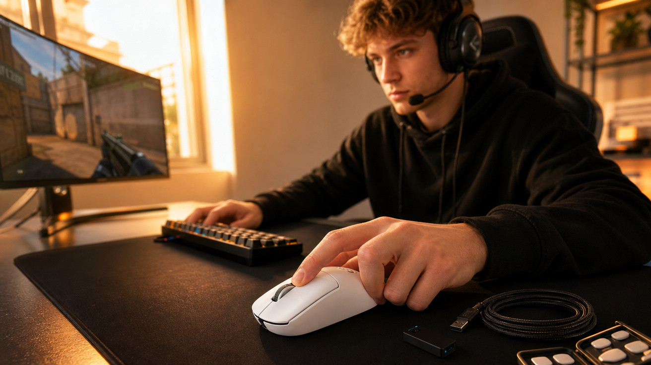 Jovem com fones e microfone jogando em computador com teclado e mouse branco em mesa preta.