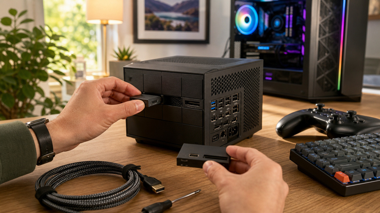 Pessoa conectando um dispositivo eletrônico em um pequeno computador preto sobre mesa com teclado e controle.