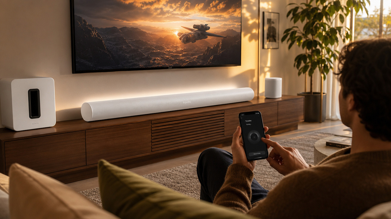 Pessoa controla sistema de som da TV com celular em sala iluminada e moderna.