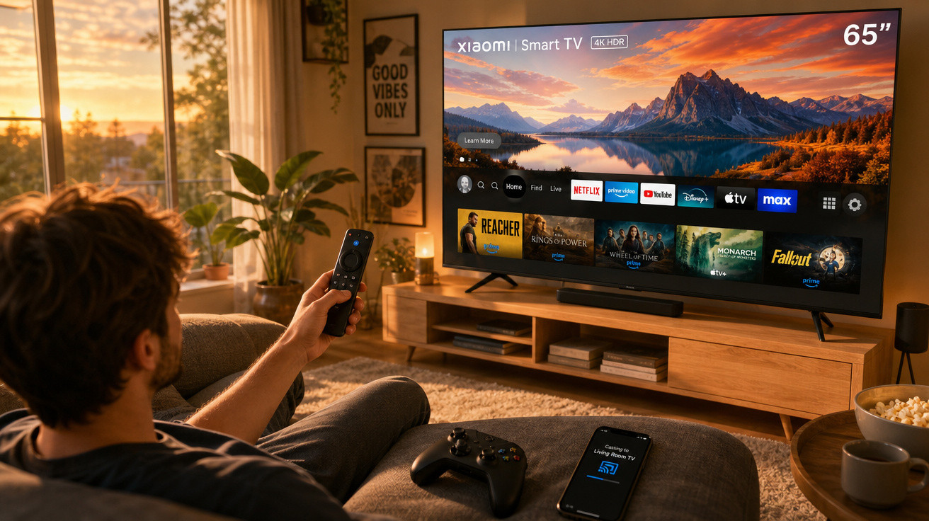 Homem sentado no sofá controlando Smart TV Xiaomi de 65 polegadas na sala com luz do pôr do sol.