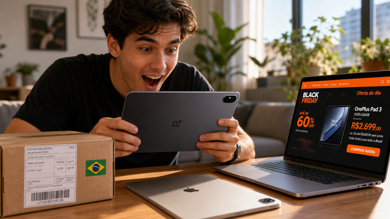 Homem animado segurando tablet OnePlus, mostrando site de promoção Black Friday no laptop à sua frente.