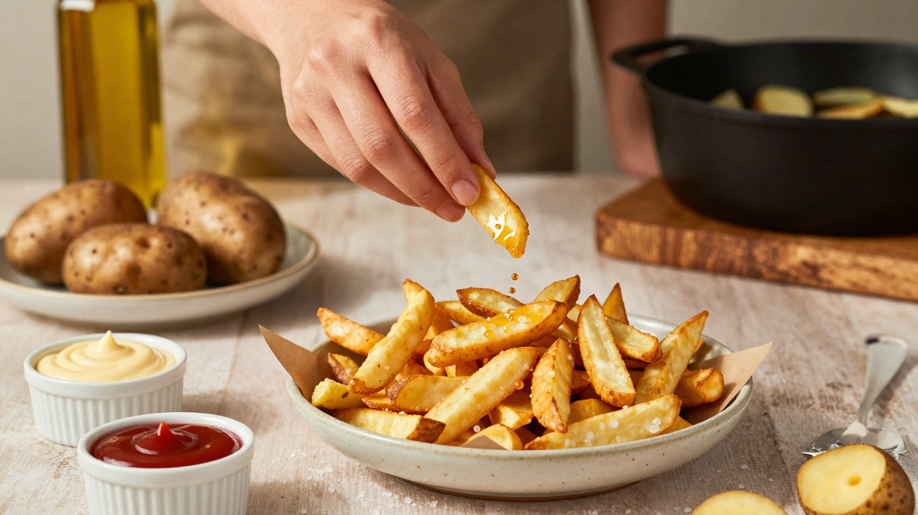 Mão salpicando sal em uma porção de batatas fritas com molhos de maionese e ketchup ao lado.