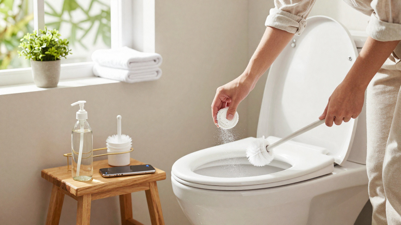 Pessoa limpando vaso sanitário branco com escova, perto de janela com planta e mesa de madeira.