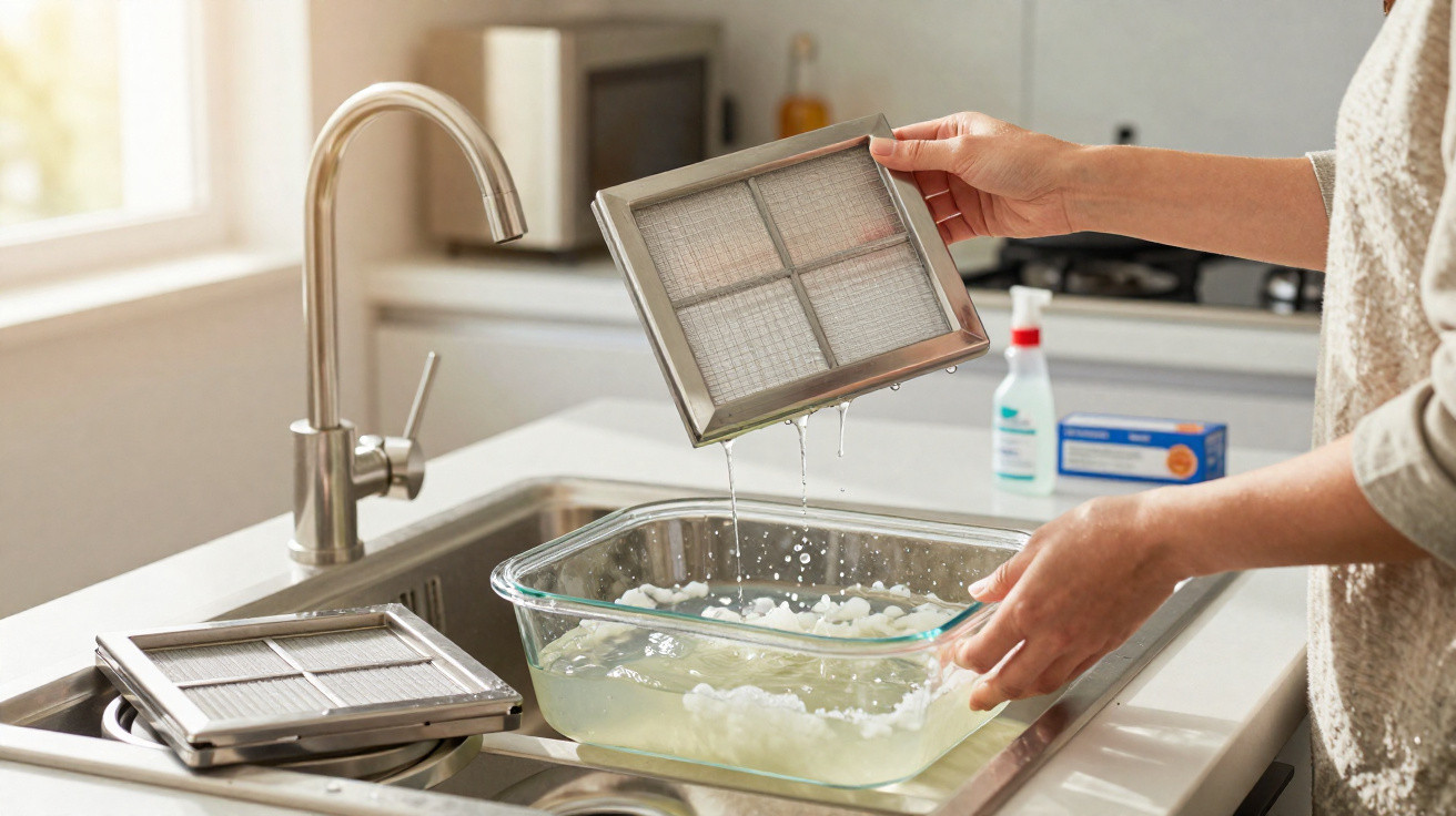 Pessoa lavando filtros de ar em uma pia de cozinha com água e espuma em utensílio de vidro.
