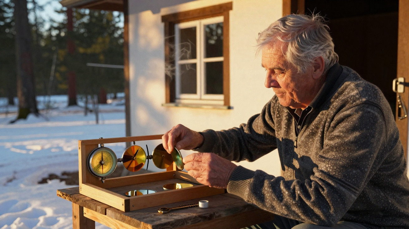 Idoso sentado ao sol manipula equipamento óptico em mesa de madeira com neve ao fundo.