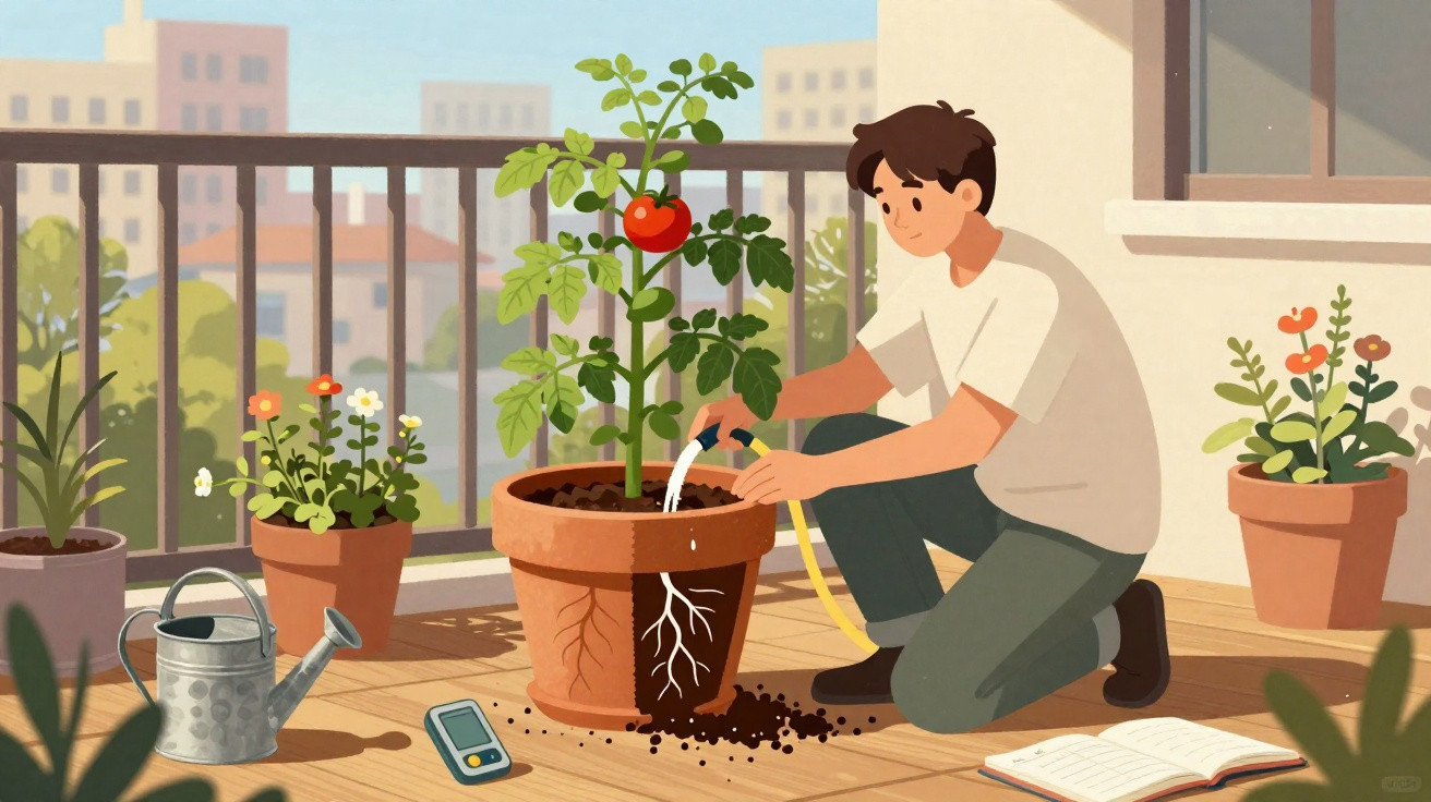 Homem regando planta de tomate em vaso no terraço com outros vasos e regador ao redor.