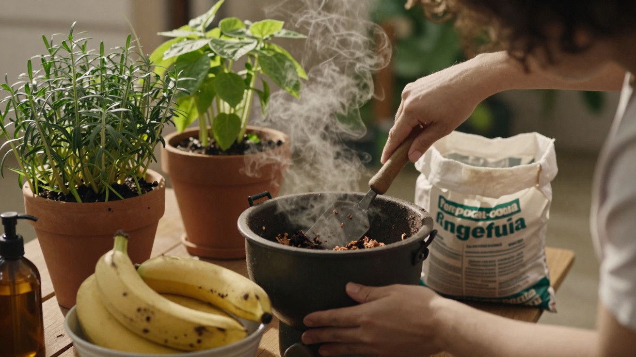 Pessoa mexendo terra úmida em vaso com espátula, plantas em vasos e bananas em mesa de madeira.