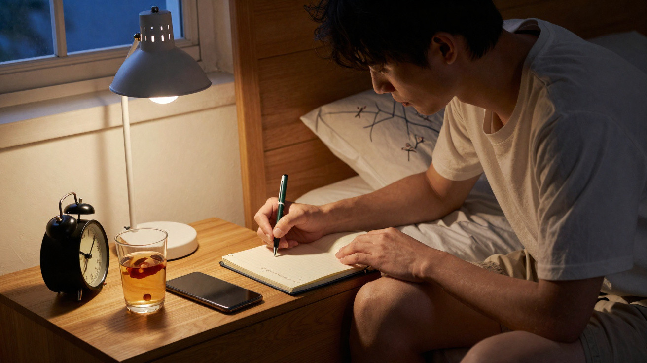 Homem sentado na cama escrevendo em caderno com abajur, despertador, copo e celular na mesa ao lado.