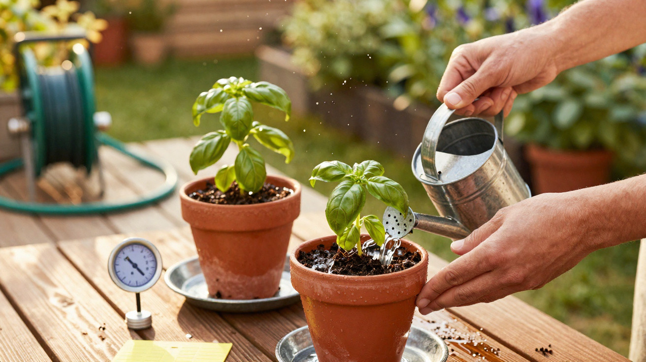 Mãos regando plantas de manjericão em vasos de barro sobre mesa de madeira ao ar livre.