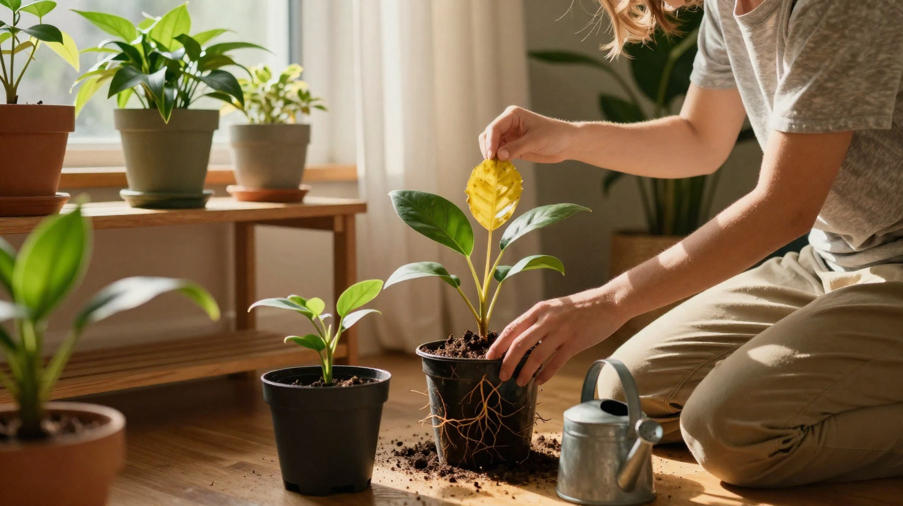 Pessoa cuidando de plantas em vasos dentro de casa, removendo folha amarela de muda em crescimento.