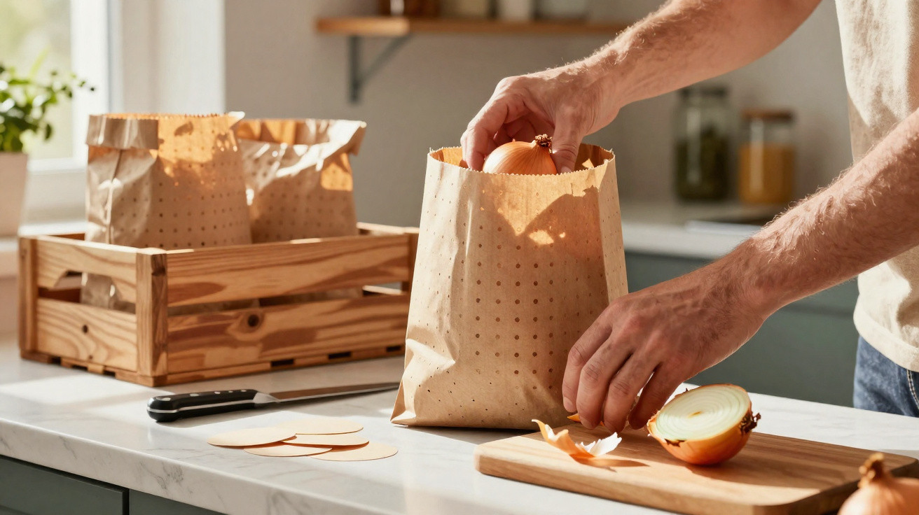 Mãos colocando cebola em saco de papel na cozinha, com sacos e caixa de madeira ao fundo.
