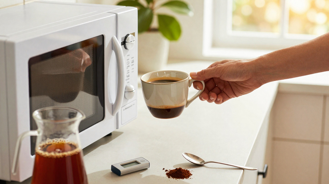 Mão segurando xícara de café ao lado de micro-ondas, jarra de café, colher e pó de café sobre balcão.
