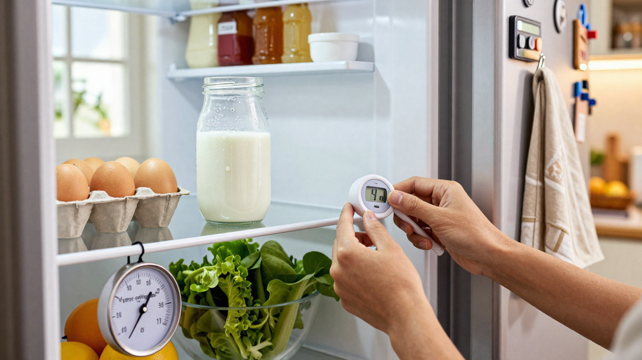 Frigorífico aberto com alimentos e pessoa ajustando termômetro digital para medir a temperatura interna.