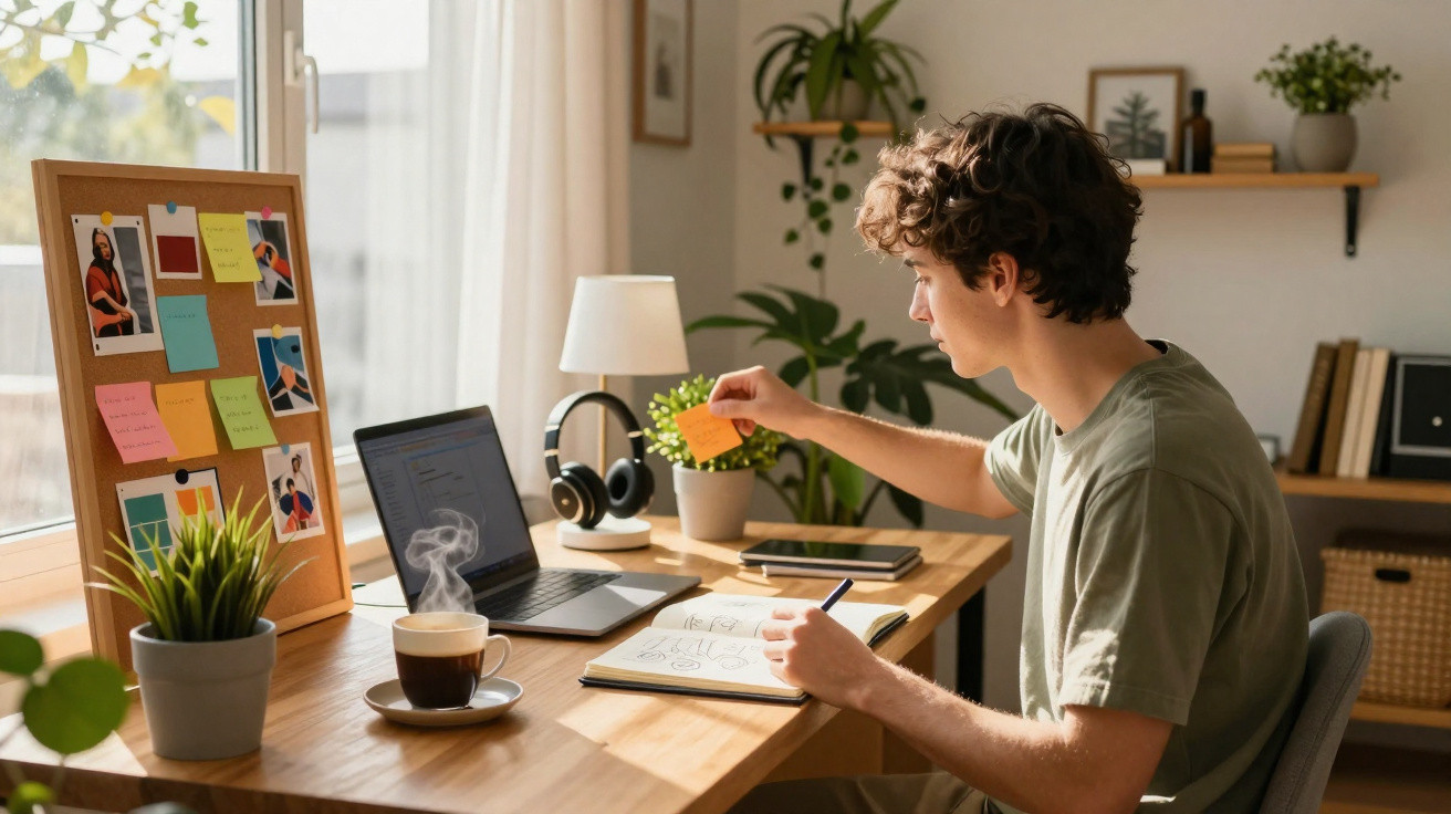 Jovem sentado em mesa de trabalho com laptop, anotando em caderno e organizando post-its em ambiente iluminado.