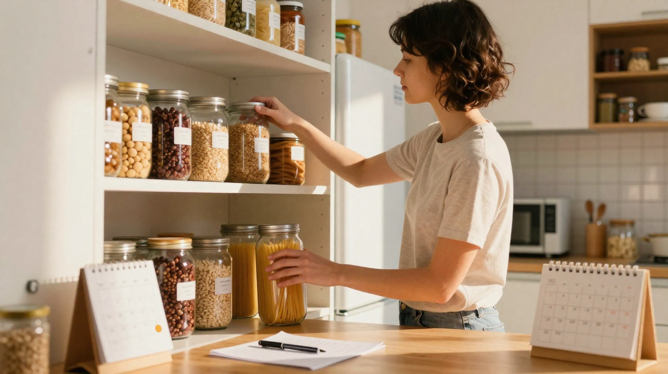 Mulher organizando potes de mantimentos em prateleira na cozinha clara e moderna.