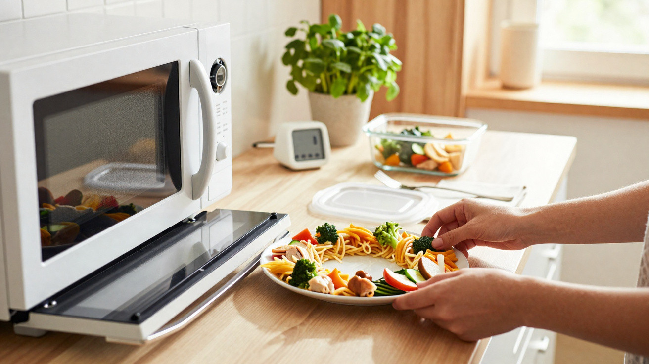 Pessoa preparando prato com legumes e macarrão em cozinha iluminada com micro-ondas e planta sobre a bancada.