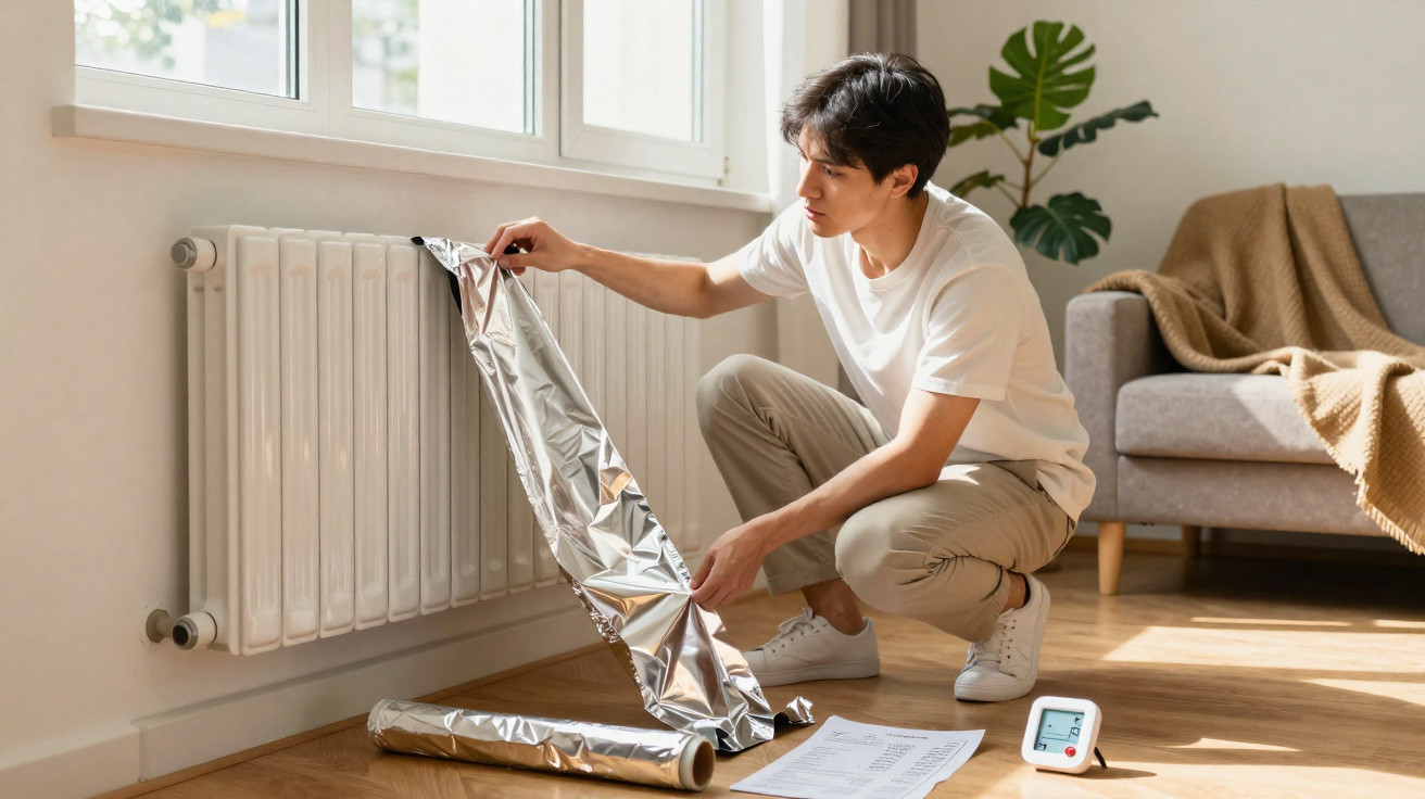 Homem instalando papel alumínio atrás de um radiador em sala iluminada e moderna.