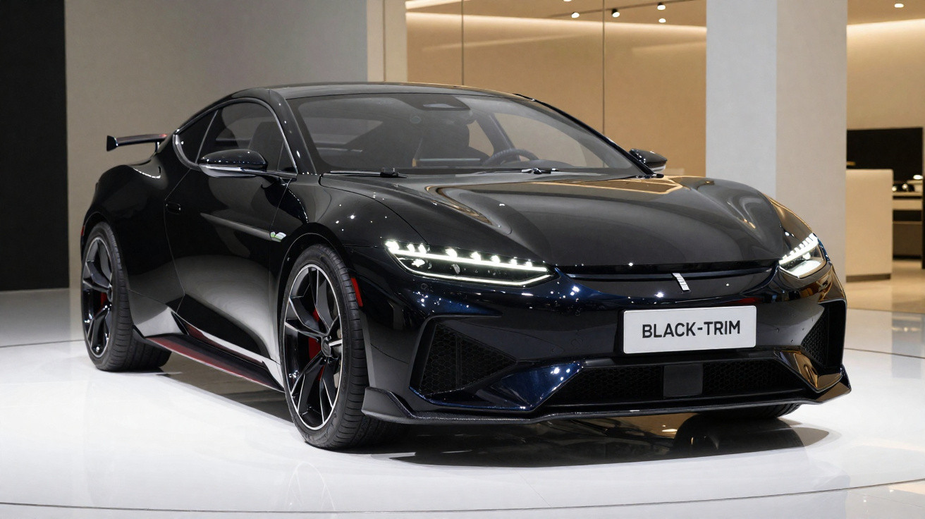 Carro esportivo preto com design moderno em exposição interna, modelo Black-Trim, visto de frente e lado esquerdo.