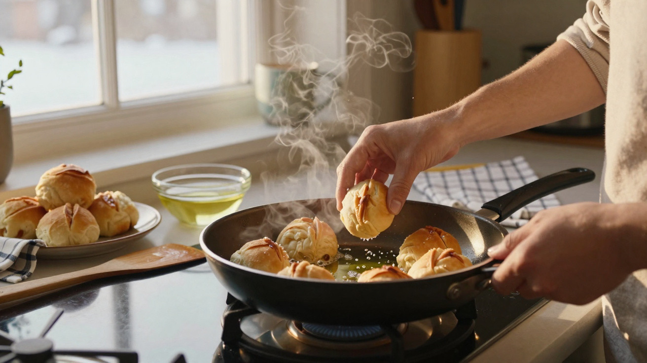 Pessoa fritando pães pequenos e dourados em frigideira, com vapor saindo e luz natural na cozinha.
