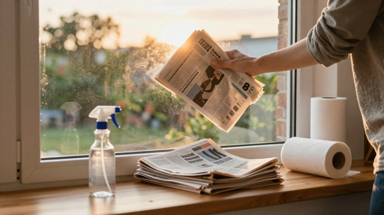 Pessoa limpando janela com jornal, spray e papel toalha em uma bancada próxima à janela iluminada pelo sol.