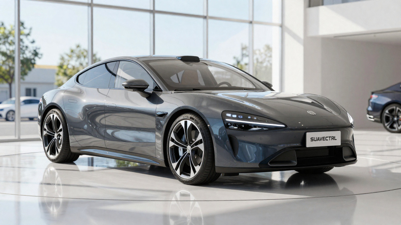 Carro esportivo elétrico cinza escuro exibido em showroom moderno com teto alto e janelas amplas.