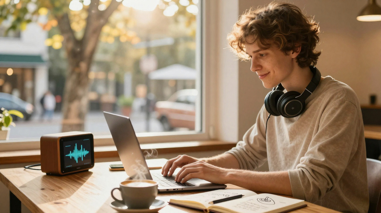 Jovem usando laptop em mesa de madeira com fones no pescoço, café e agenda perto da janela.
