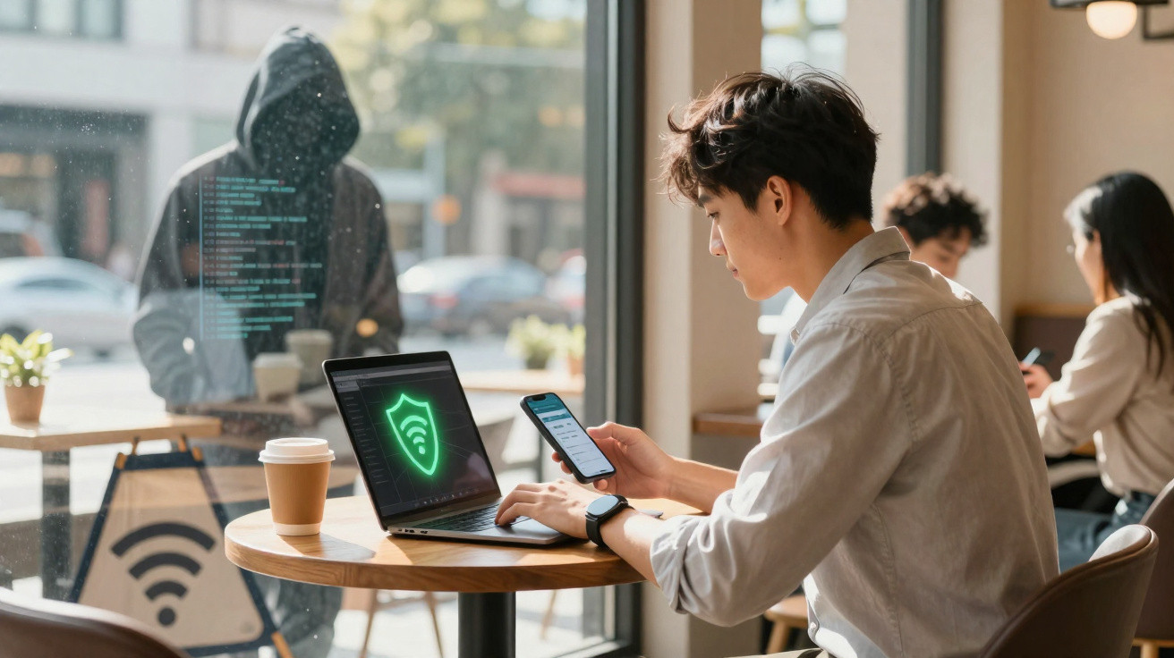 Jovem usa notebook e celular em café enquanto figura suspeita vê pela janela, simbolizando cibersegurança.