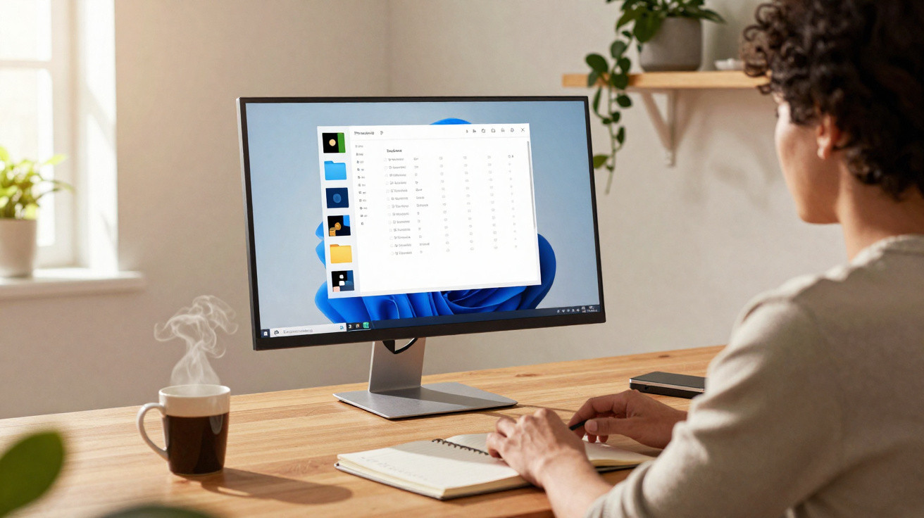 Pessoa sentada em mesa de madeira com notebook aberto, monitor e xícara com bebida quente ao lado.