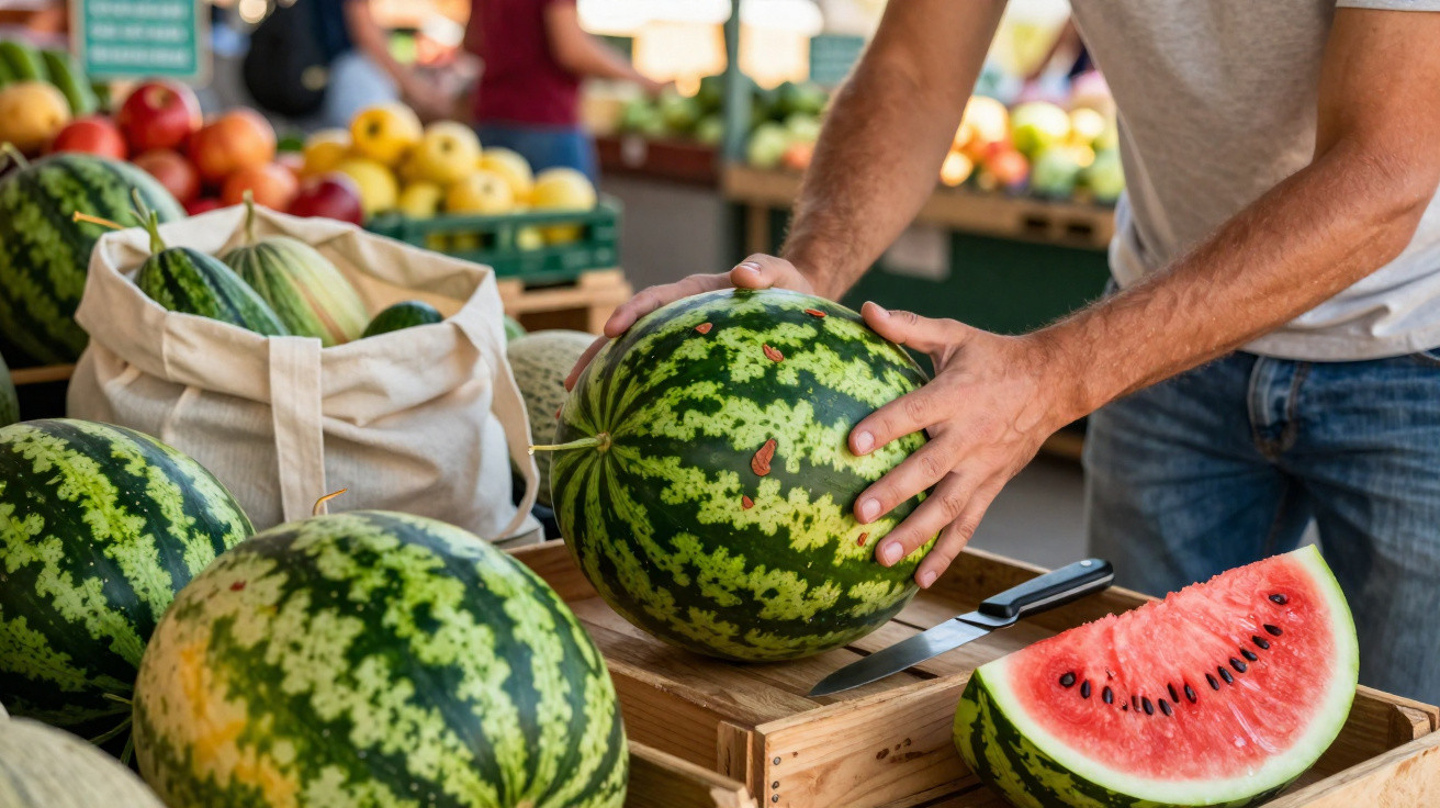 Pessoa segurando melancia em feira com frutas frescas ao redor e fatia cortada à mostra.