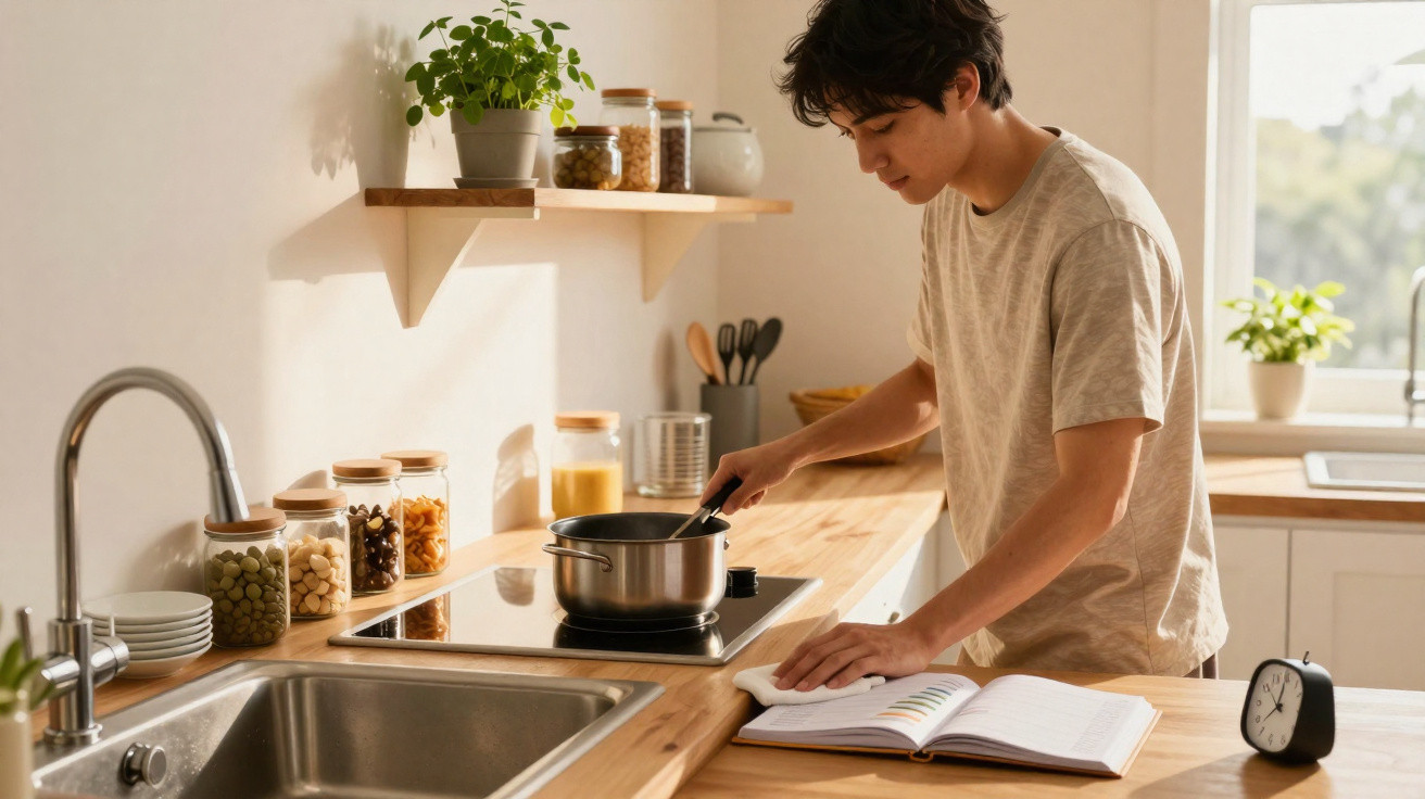 Jovem cozinhando e consultando receita em livro aberto na cozinha iluminada por luz natural.