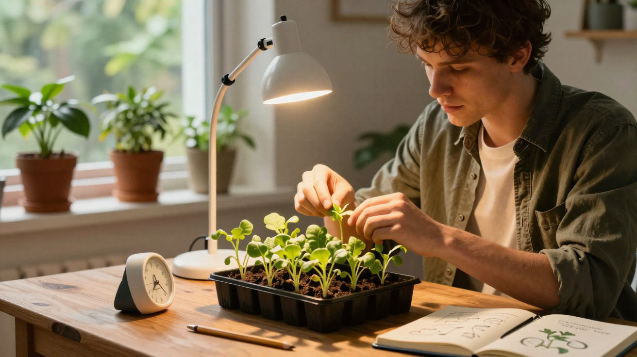 Jovem cuidando de mudas em bandeja ao lado de livro de botânica e plantas no fundo iluminado por luminária.