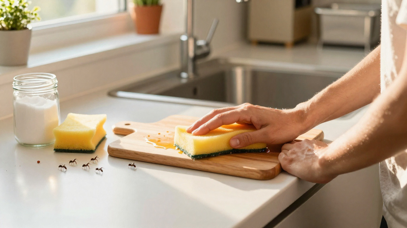 Mão limpando formigas e líquido da bancada da cozinha com esponja amarela sobre tábua de madeira.
