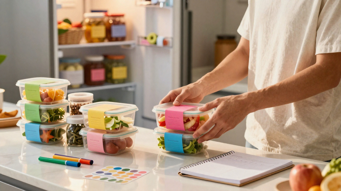 Pessoa organizando potes plásticos com etiquetas coloridas e alimentos frescos em uma bancada de cozinha.