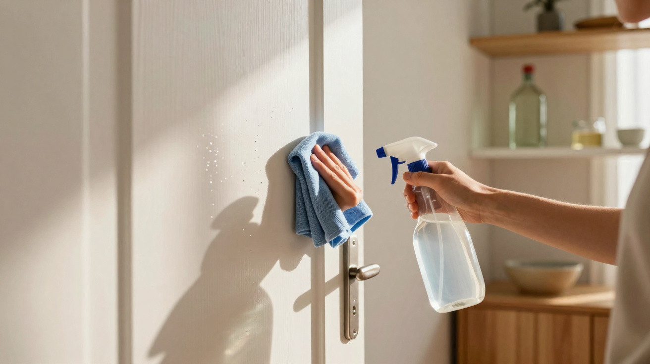 Pessoa limpando maçaneta de porta branca com pano azul e borrifador transparente com líquido.