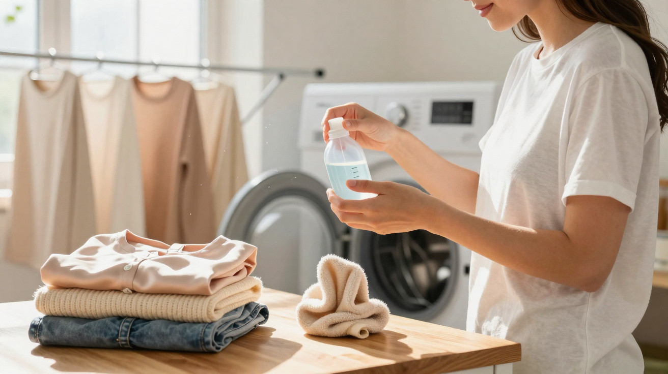 Pessoa usando detergente líquido para lavar roupas em ambiente iluminado com lavadora e roupas penduradas ao fundo.