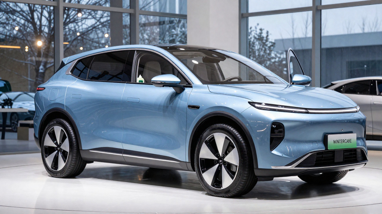 Carro elétrico SUV azul claro exibido em showroom moderno com janelas amplas e iluminação natural.