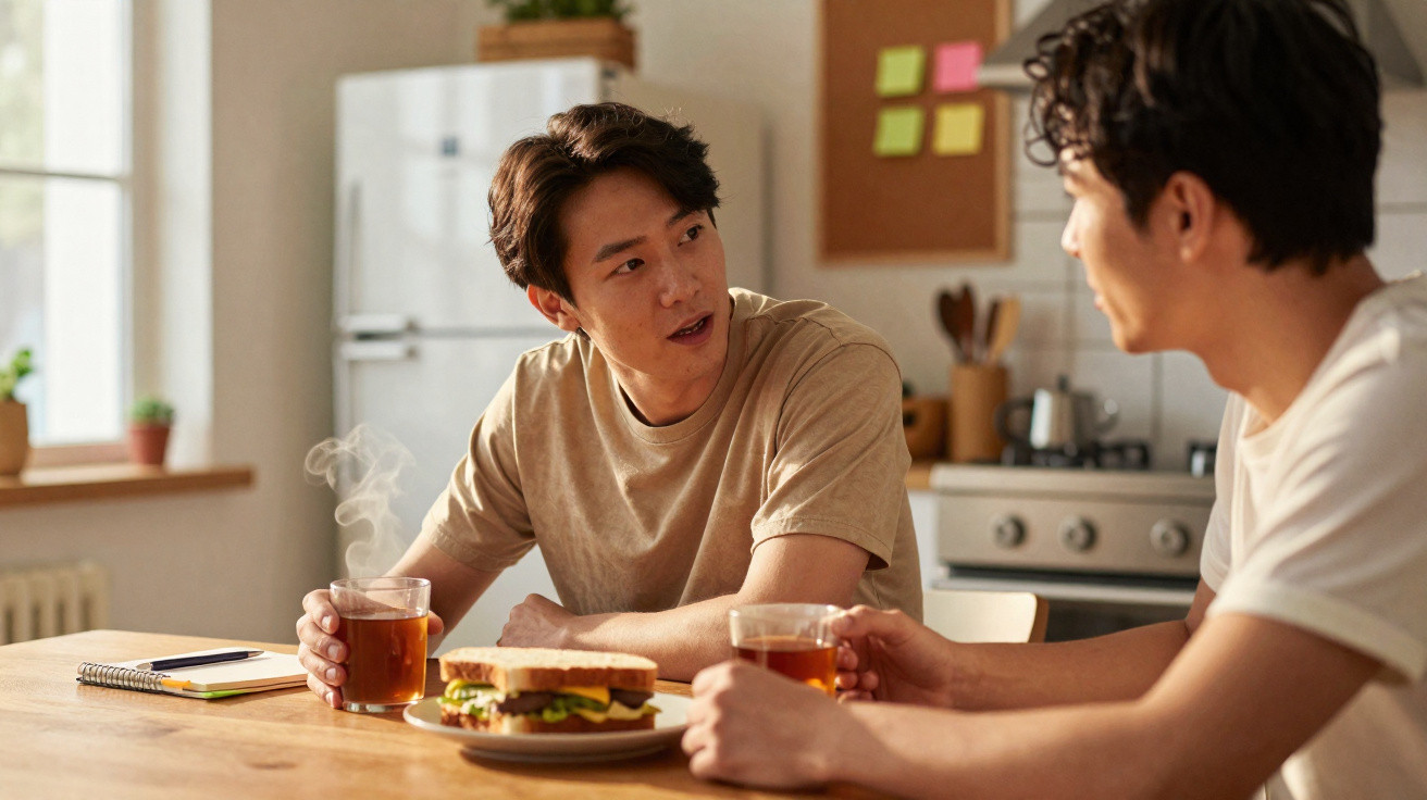 Dois homens jovens conversam e tomam chá na cozinha com um sanduíche à frente sobre a mesa.