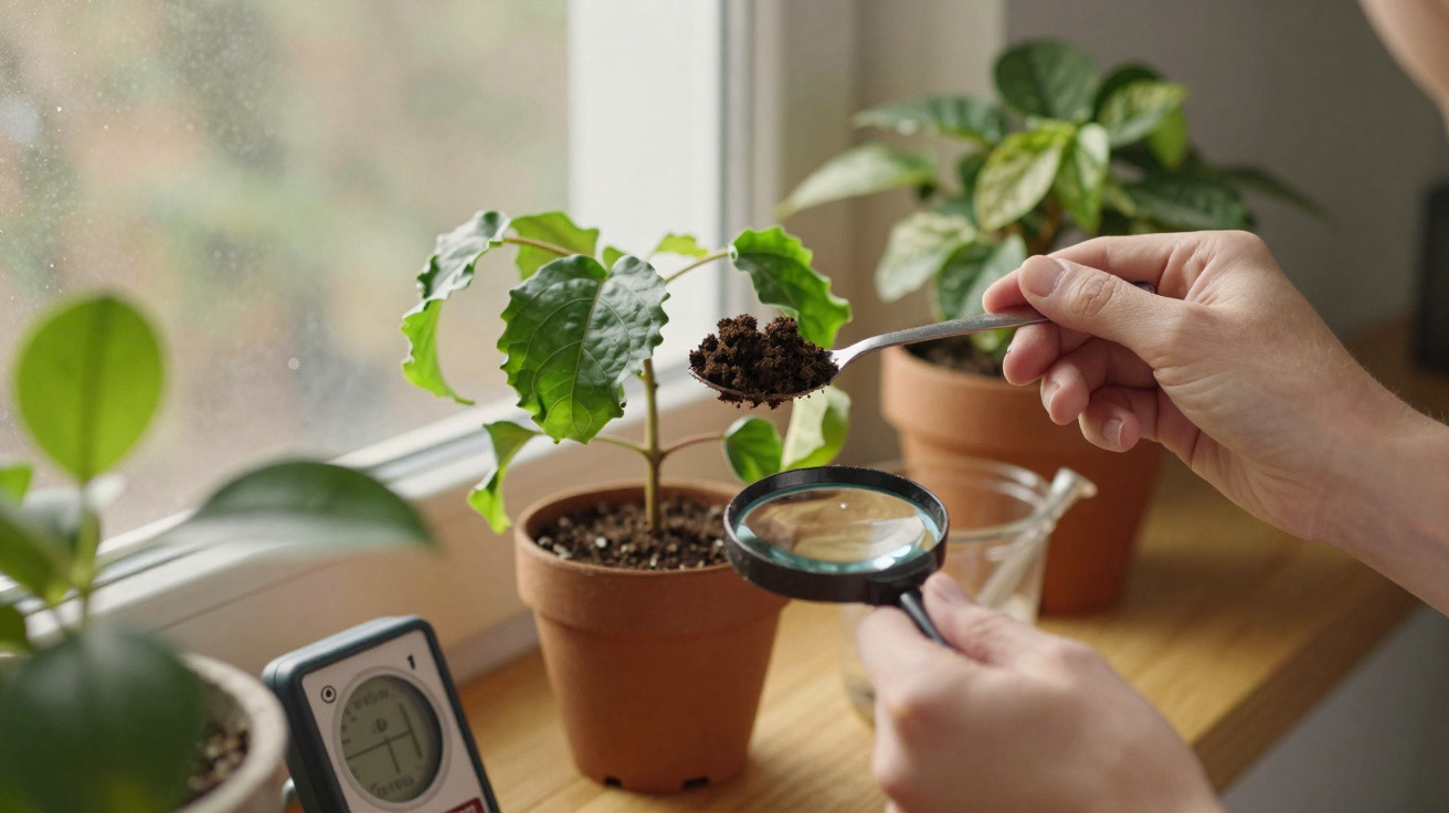 Mãos seguram lupa e colher com terra próxima a plantas em vasos sobre o parapeito de janela.