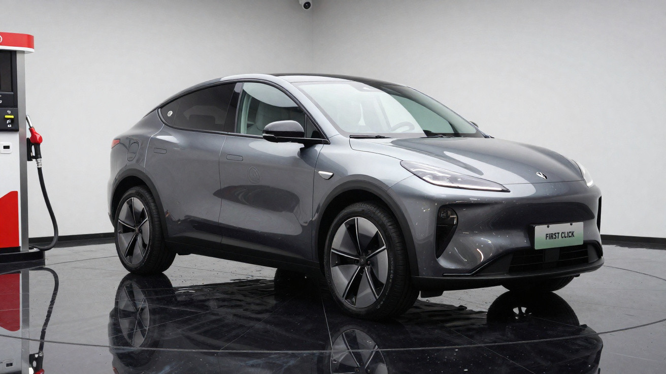 Carro elétrico cinza metálico estacionado em ambiente interno, próximo a bomba de recarga.