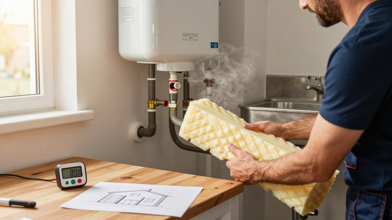 Homem segurando espuma amarela com vapor saindo perto de aquecedor de água em ambiente interno.